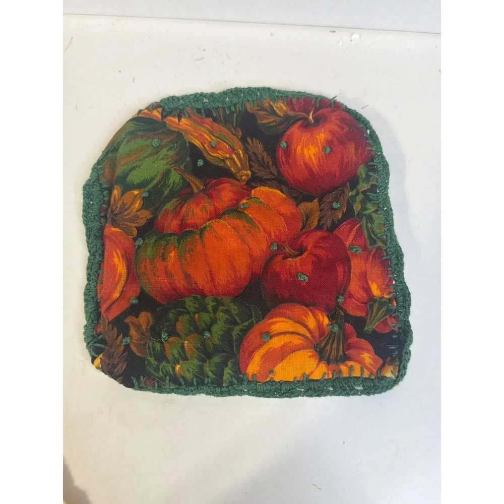 Handmade Pumpkin Harvest Pot Holder Set 2pc Crochet Trim Autumn Thanksgiving